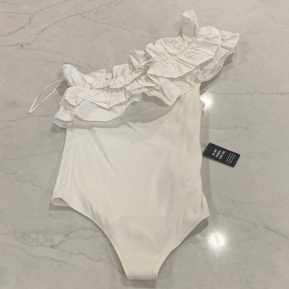 Express White Ruffle Bodysuit